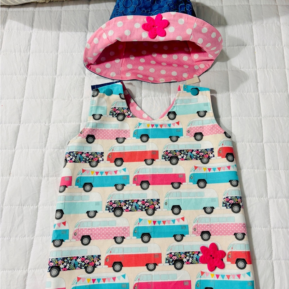 Handcrafted Kids Dress with Blue and Pink Accents Reversible